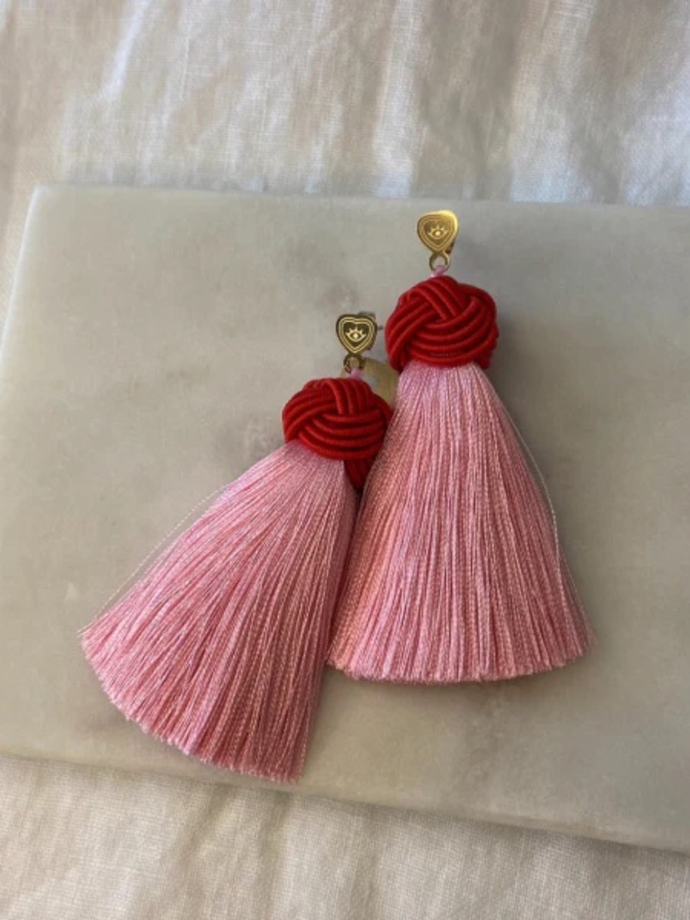 HART topknot Pink and Red Tassel Drop Earrings, Gold-Tone Stud